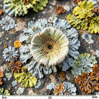 Single lichen apothecium macro, cup-shaped fruiting body with rim detail, spore-