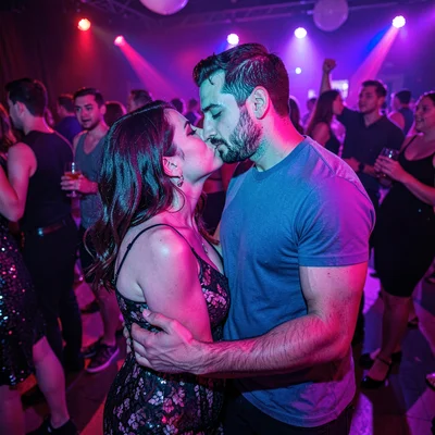Two strangers almost kissing on a dance floor, her face cyan his face magenta, t