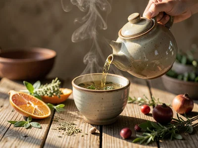 Herbal tea being poured from a ceramic teapot into a handmade cup, steam visible