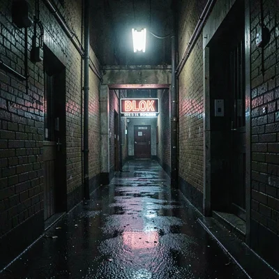 Atmospheric nocturnal frame of a doorway with a glowing club sign at the end of 