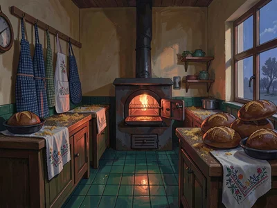Honey-walled bakery interior at predawn with one open oven glowing garnet, ochre