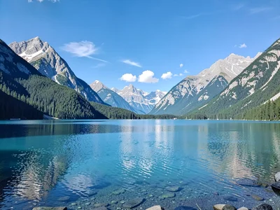 Lake and mountains pan