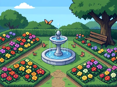 A 16-bit garden: flower beds in geometric rows, a fountain in the center, butter