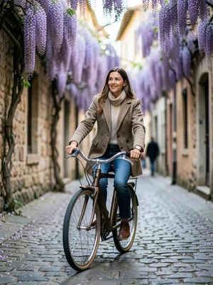 Woman riding a vintage bicycle through a narrow European street lined with bloom