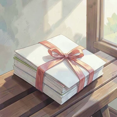 Portrait of a stack of choir folders tied with ribbon on a wooden bench