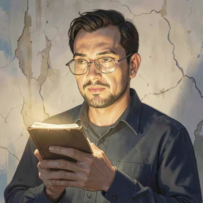 Lamplit portrait of a head-of-product cradling a small notebook, honey light cat