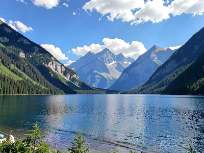 Lake and mountains pan