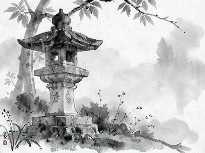 Stone lantern half-visible in garden fog