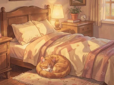 Cat curled at foot of bed