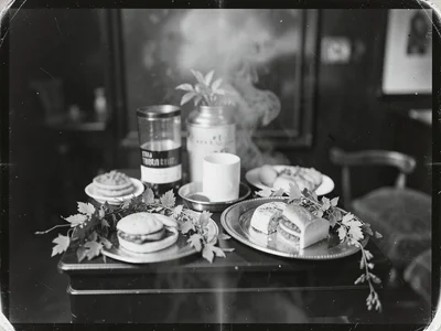 A Thanksgiving spread from a fast food restaurant arranged on silver platters wi