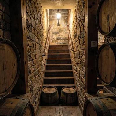 Vertical cellar staircase descending into warm lamplight with barrels visible at