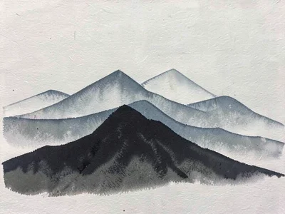 Mountain silhouette layered in soft overlapping ink blocks, morning fog