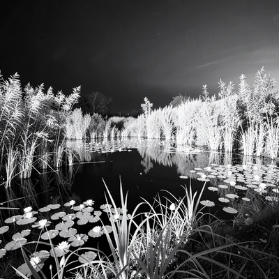 A pond edge with reeds — reeds luminous, dark water beyond, lily pads white on b