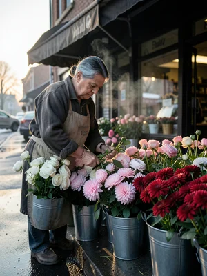 A flower vendor arranging buckets of seasonal blooms outside a corner shop at da