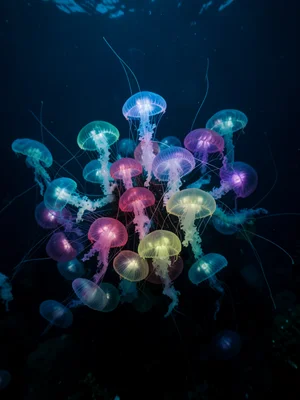 Jellyfish cluster glowing in deep ocean, varied colors, bioluminescent tentacles