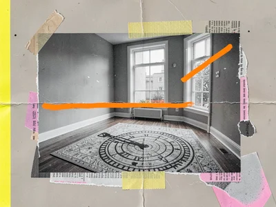 Layered photographic collage of an empty staged living room photographed too per
