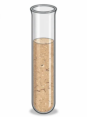 Cross-section of a single corked test tube standing upright, meniscus curve at t