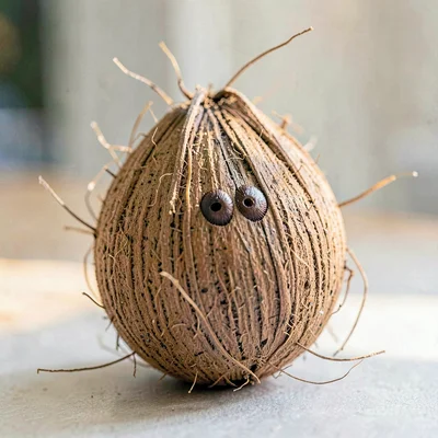 This single coconut sits upright showing a fibrous brown husk and three small da