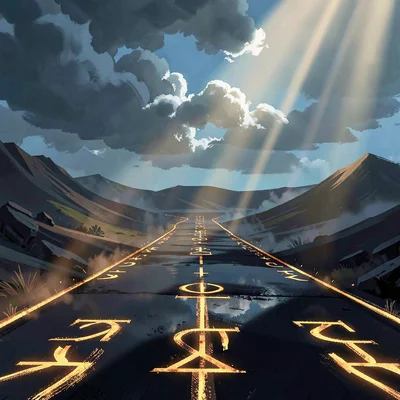 Glowing rune-road across a dark plateau under godrays, warm amber runes against 