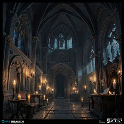 Video game concept art illustration, a dark fantasy castle interior, gothic arch
