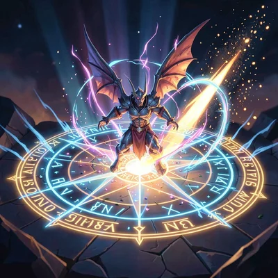 Magic spell effect illustration, summoning circle activating, runes glowing and 
