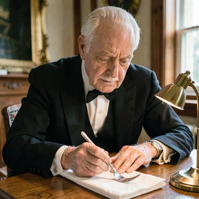 A patient white butler in his sixties laying a single silver fork on a folded na