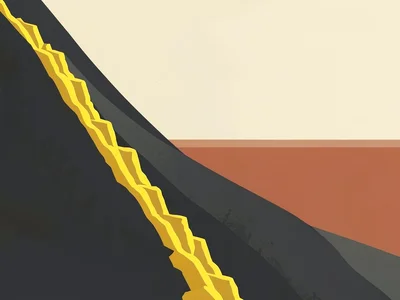 Sulfur-yellow mineral deposits ladder down a charcoal hillside under a cream sky