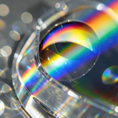 Chrome sphere reflecting and refracting a rainbow beam, distorted spectrum stret