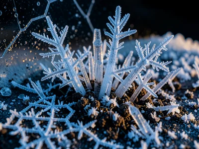 Needle ice lifting soil particles on frozen ground, columns of ice crystal pushi