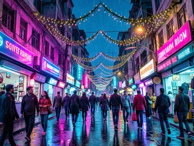 City street with overhead Christmas light canopy, shoppers below, evening