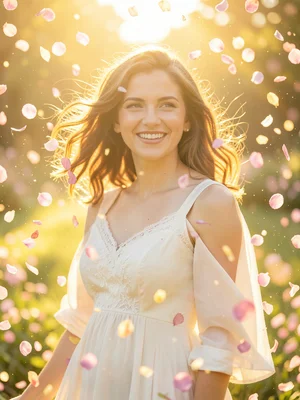 Joy weather — person surrounded by spontaneous golden light and floating flower 