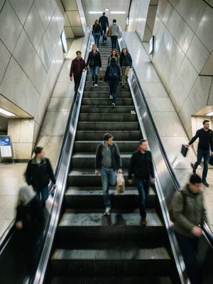 A 15-second exposure of a subway escalator, commuters blurred into a river flowi