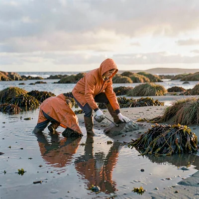 Connemara bog light, Atlantic silver, Woman gathering seaweed at tide line, oran