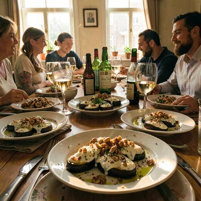 Mid-feast table scene, abundant hospitality, Fried eggplant slices topped with g