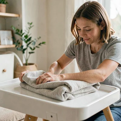 Cropped portrait of a parent smoothing a folded blanket onto a changing table