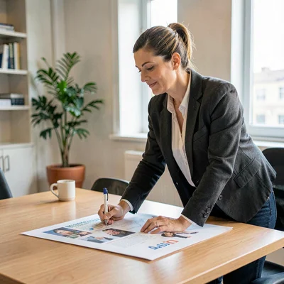 Side portrait of a marketing lead leaning over a poster mockup on a meeting tabl