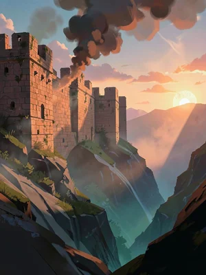 Hushed ruined fort wall at sunset, single shaft through cannon-smoke, warm coral
