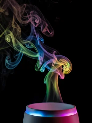 Vapor from a humidifier illuminated by a color-changing LED, the mist cycling th