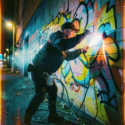 Cross-processed slide film photograph, Graffiti artist spraying wall at night, a