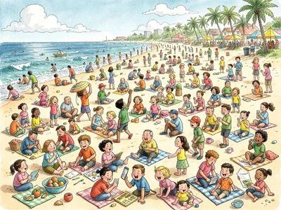 Crowded beach scene activities