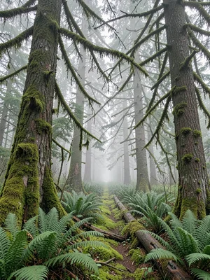 Sword Fern Understory Into Fog
