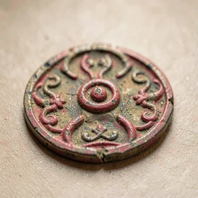 Macro of a worn medallion motif in soft browns and reds, pile slightly compresse