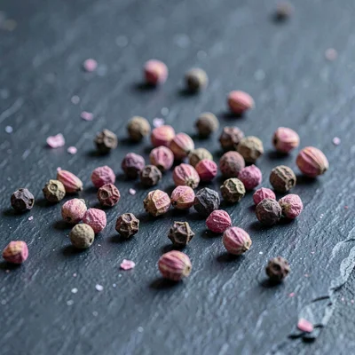 Macro of crushed pink peppercorns scattered on dark slate, husks like geode shar