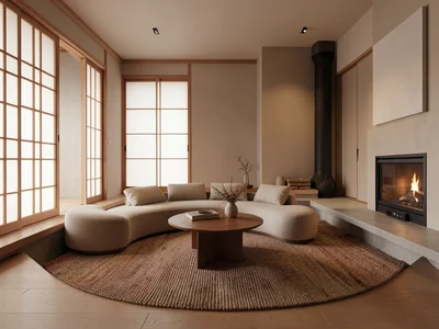 Sunken conversation pit with circular sofa, fireplace, warm textured rug, mid-ce
