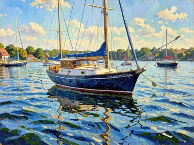 Sailboat harbor at high tide, water surface broken by midday reflections