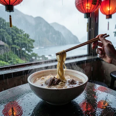 Jiufen rain beauty, wet mountain coastal, Steaming bowl of beef noodle soup, cho