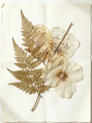 Pressed fern fronds, three different species overlapping, the spore patterns on 