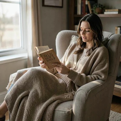 Soft natural light photograph, Person reading self-help book in comfortable chai