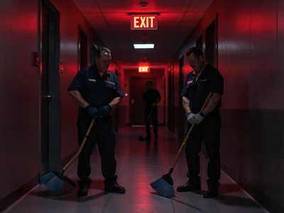 Cleaning crew in EXIT sign light, mopping corporate hallway at night, the after-