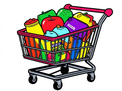 Grocery shopping cart in pop art style, products as bold flat color graphics